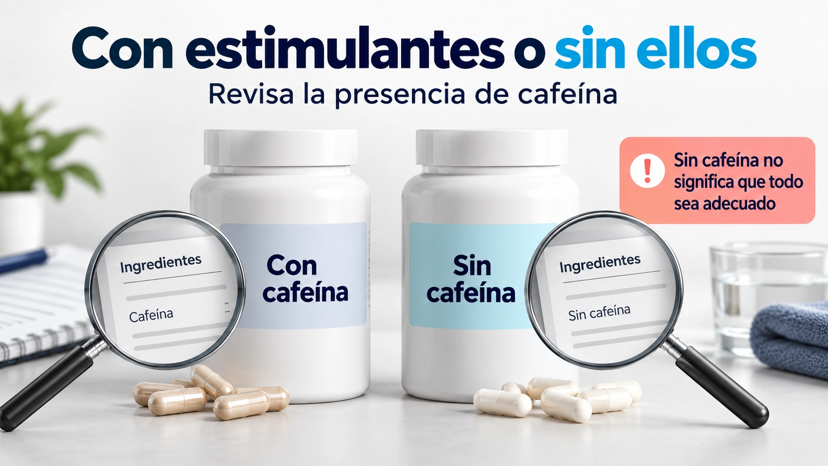 Dos fórmulas con y sin cafeína se comparan mediante la lista de ingredientes, sin asumir que una conviene a todo el mundo.