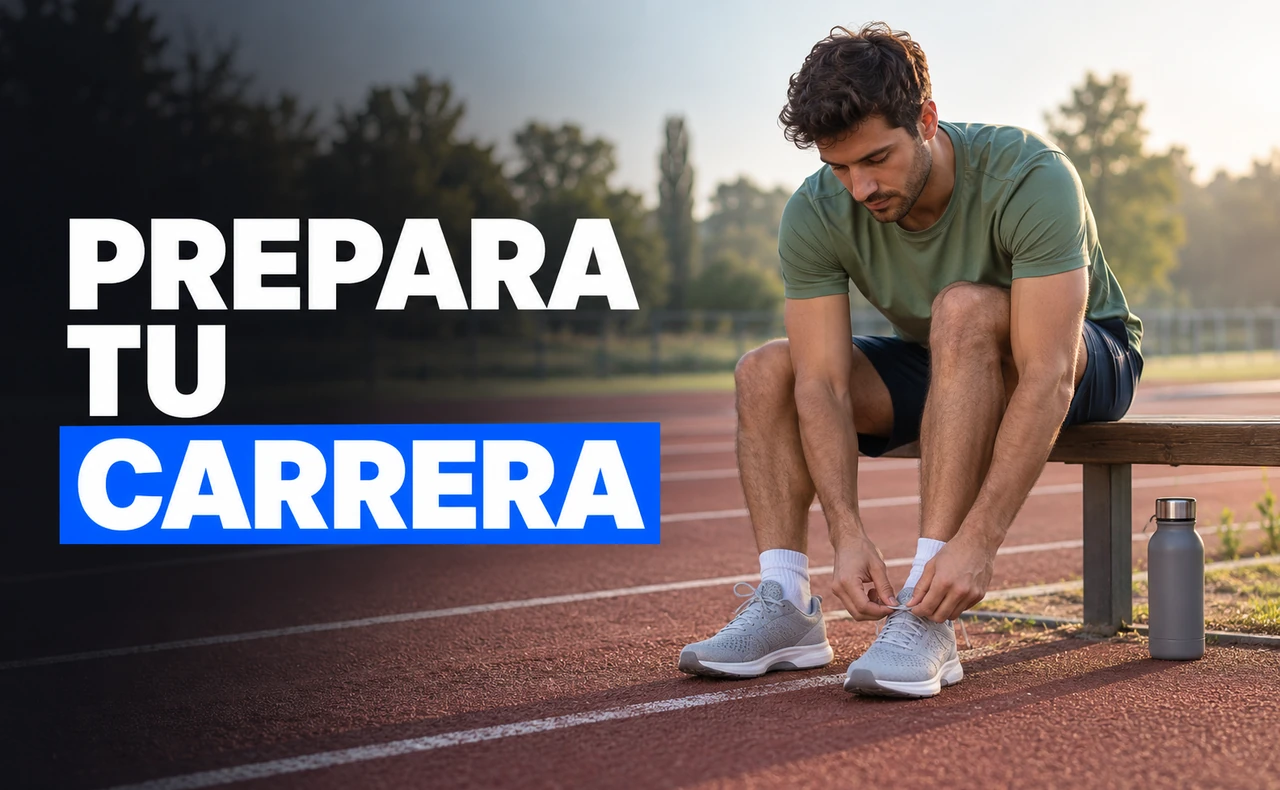 Corredor joven con camiseta verde salvia atándose las zapatillas junto a una pista de atletismo, con el titular «Prepara tu carrera».