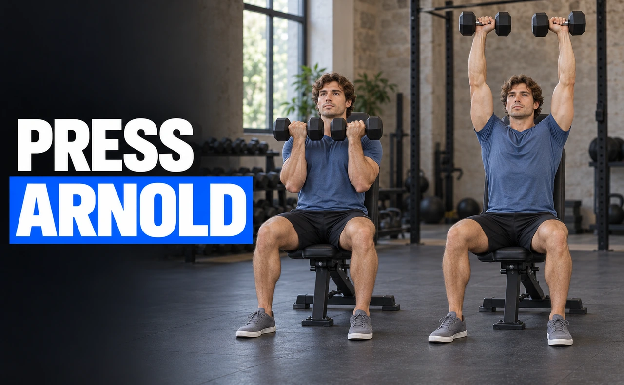 Dos fases del mismo deportista realizando un press Arnold sentado con mancuernas, junto al titular «Press Arnold».