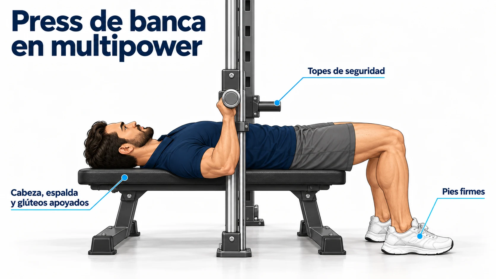 Press de banca plano en multipower con cabeza, espalda y glúteos apoyados, pies firmes y barra sobre el pecho