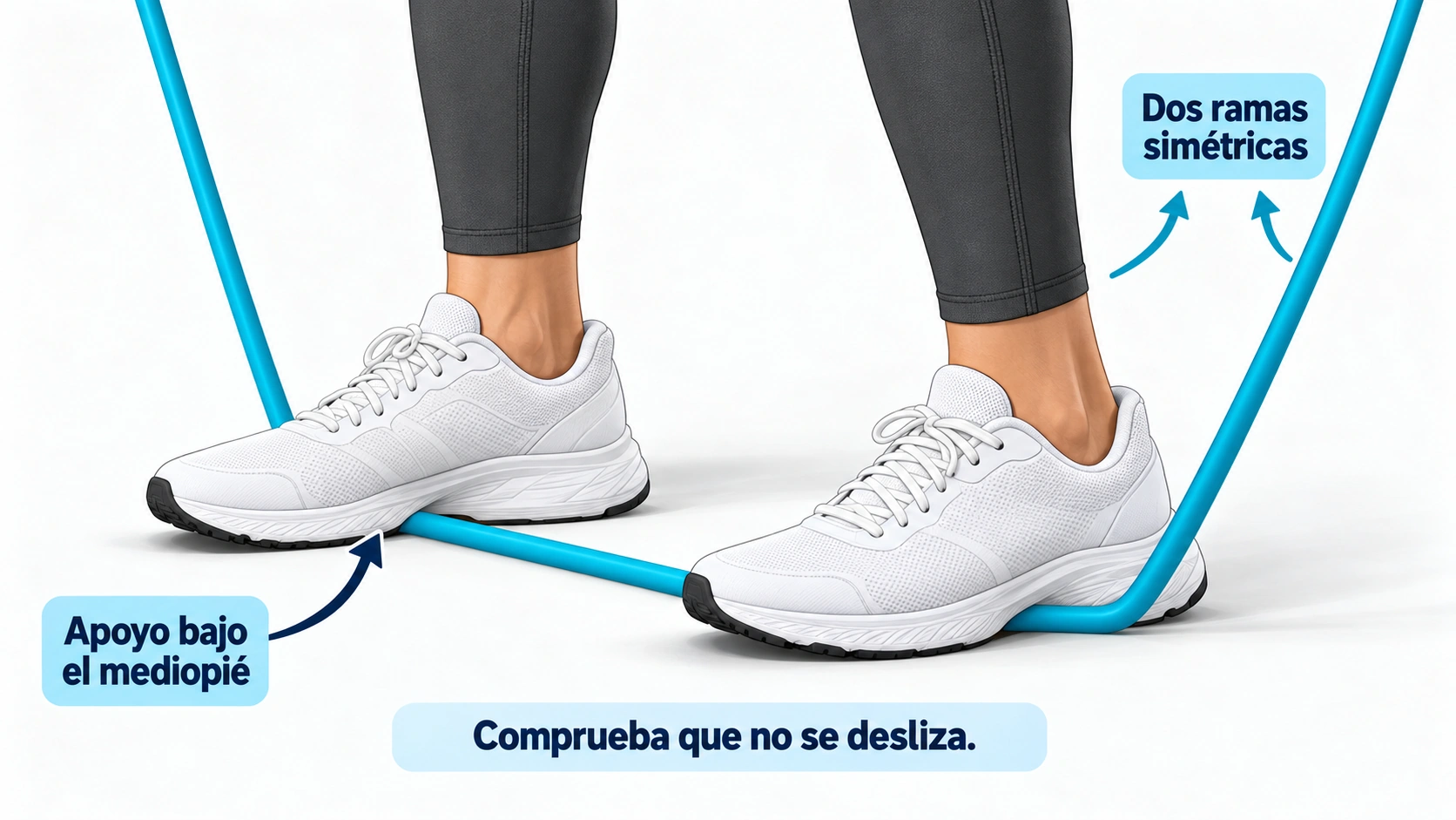 El tubo queda centrado bajo la parte media de ambos pies y conserva dos ramas simétricas