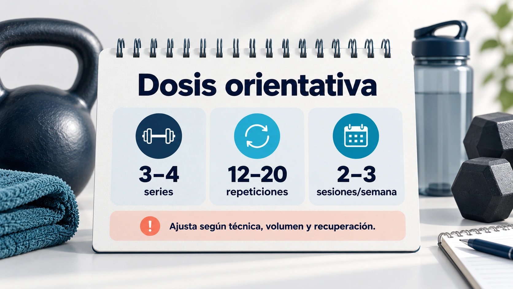 La propuesta de series y repeticiones del artículo es orientativa y se adapta al volumen semanal y la recuperación