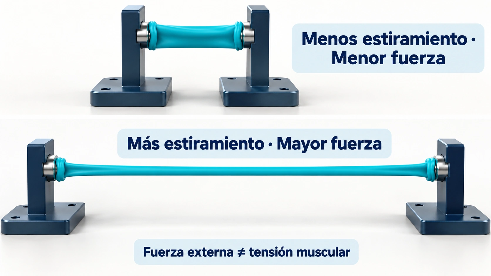 La fuerza elástica aumenta al estirar la banda y no equivale directamente a la tensión muscular