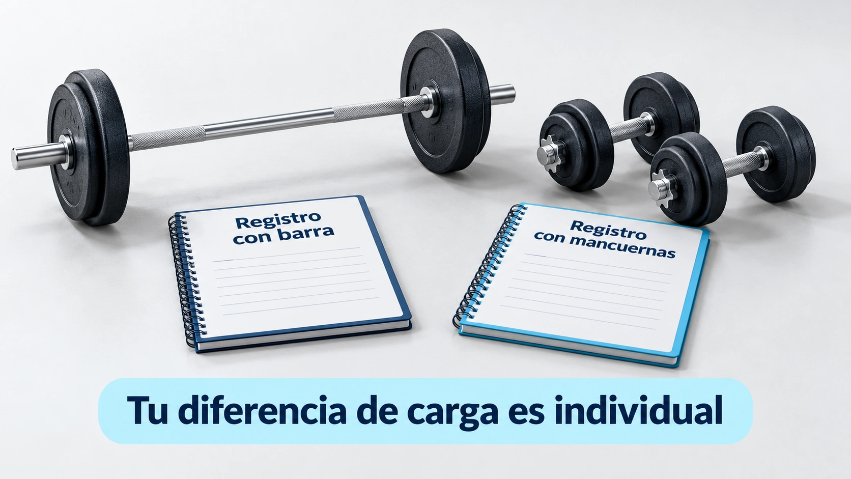 Las cargas entre barra y mancuernas se registran por separado y no se convierten con un porcentaje universal