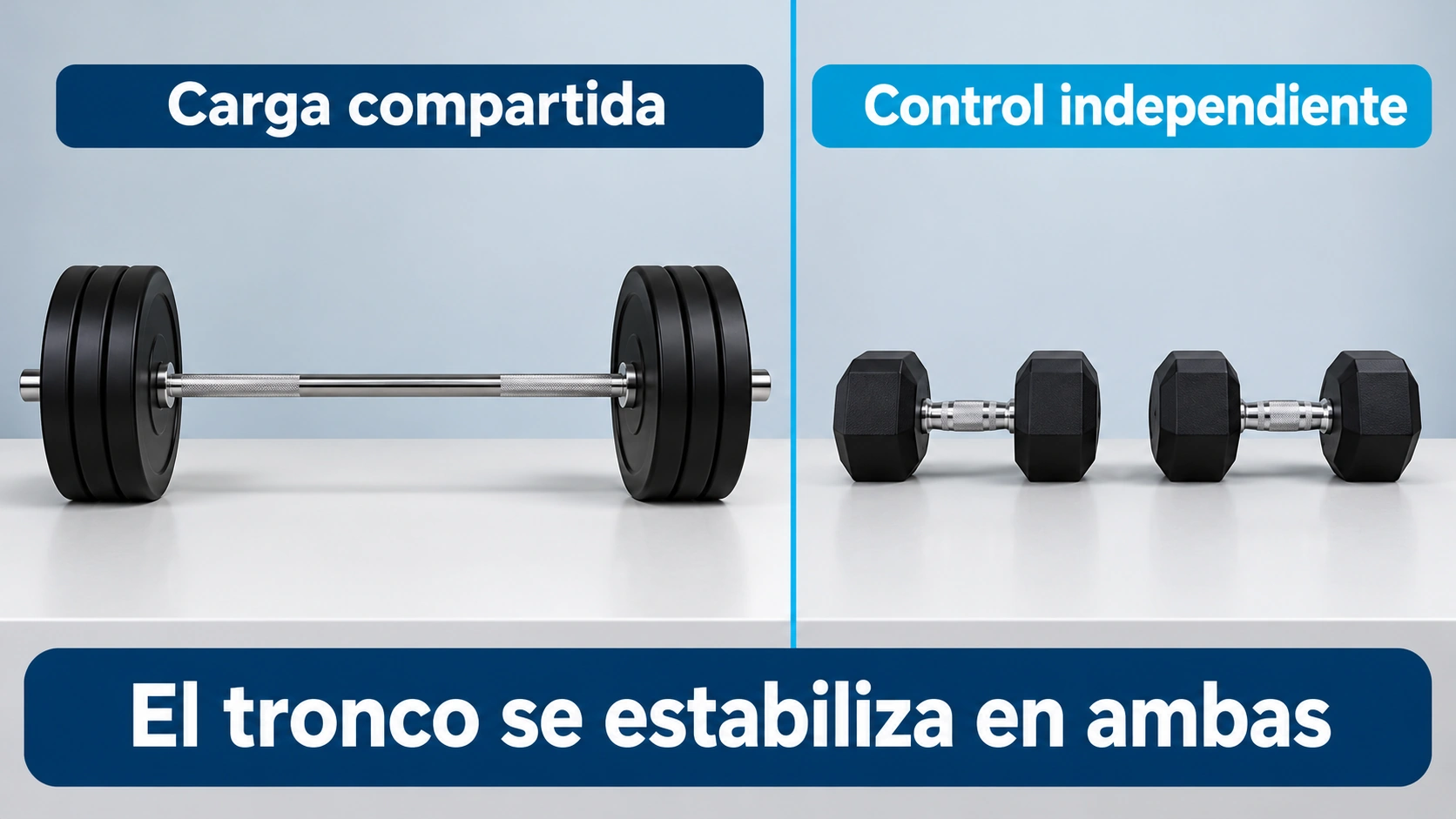 La barra coordina una carga compartida y las mancuernas requieren controlar dos implementos independientes