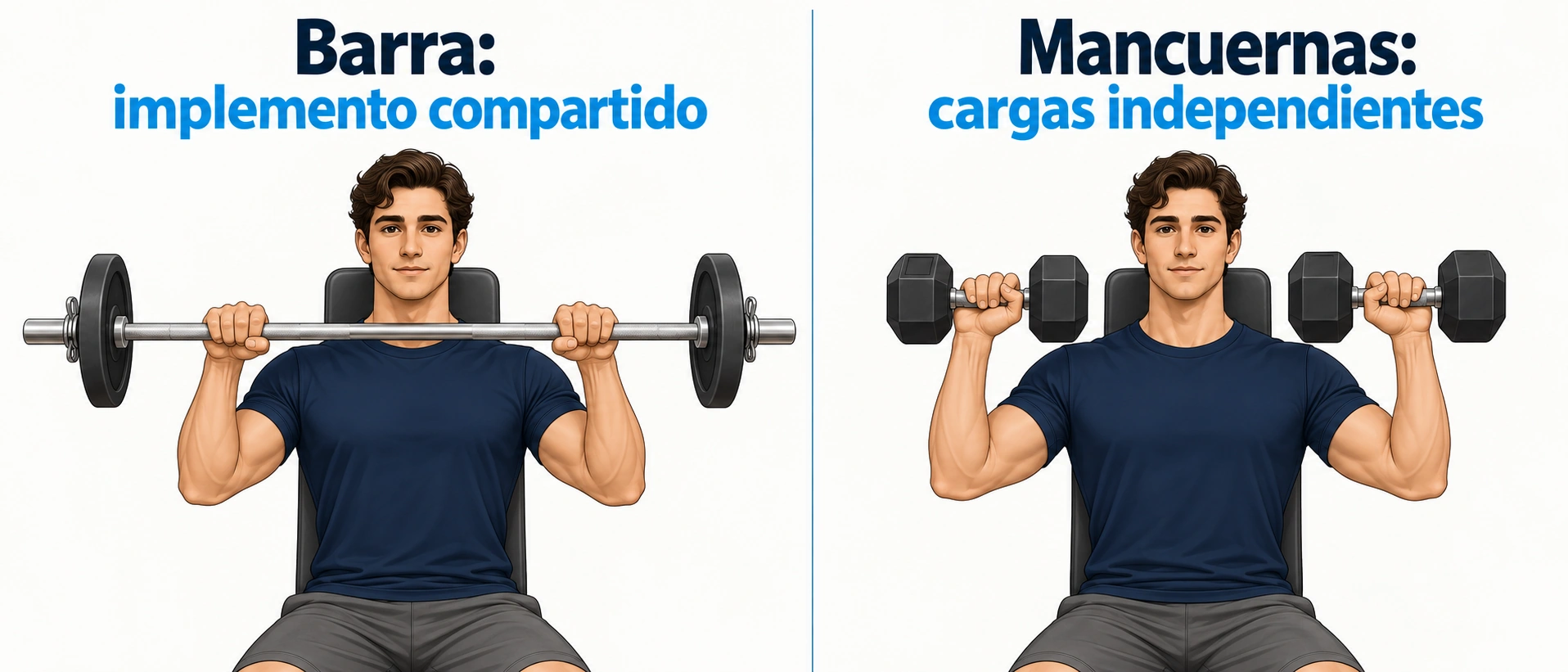 La barra une las dos manos en un implemento y las mancuernas permiten controlar una carga por brazo
