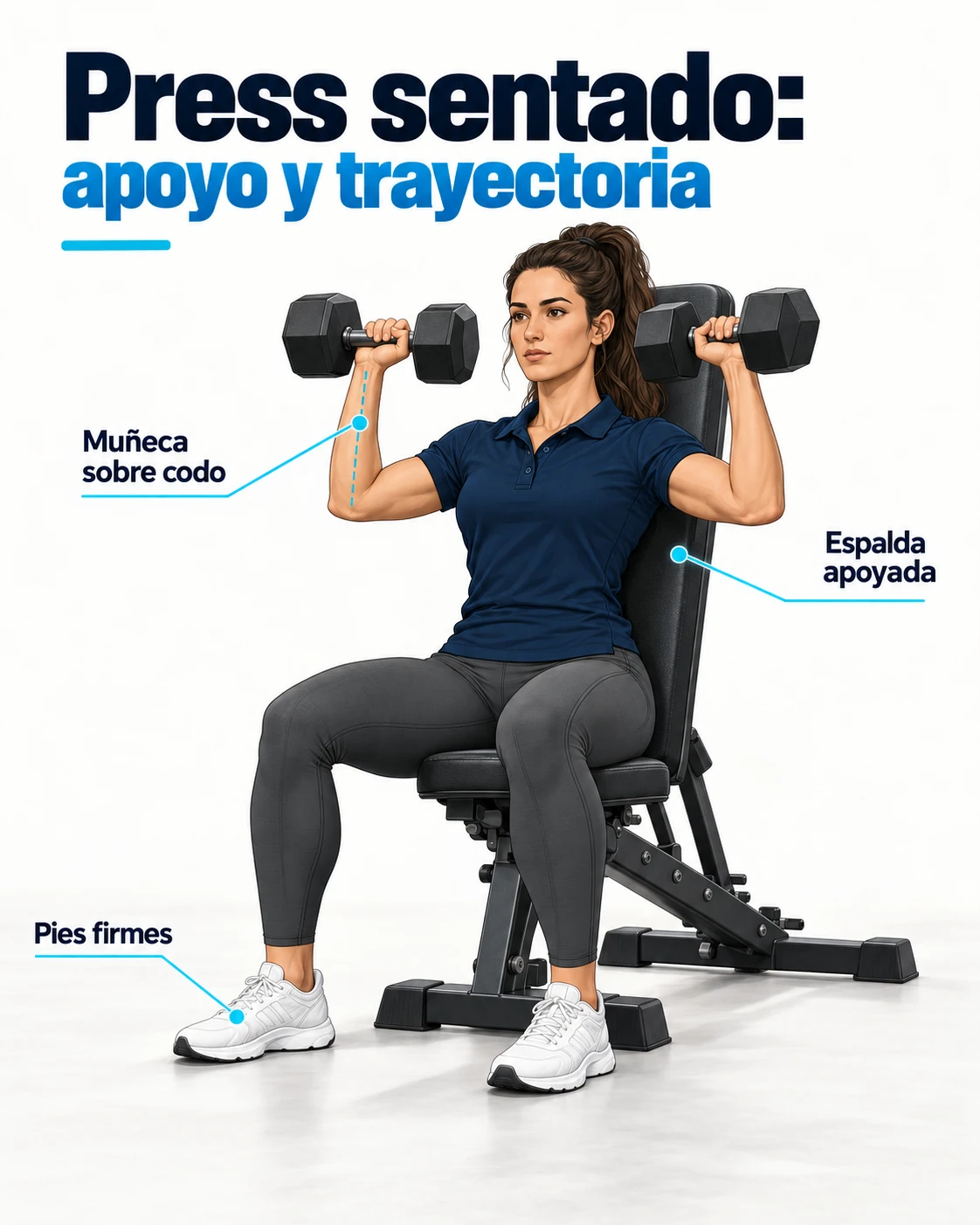 Press de hombro sentado con mancuernas, espalda apoyada y pies firmes
