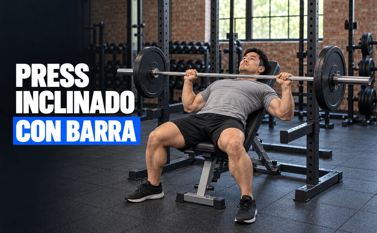 Hombre con camiseta gris realizando press con barra sobre un banco inclinado dentro de un rack. Titular: Press inclinado con barra.