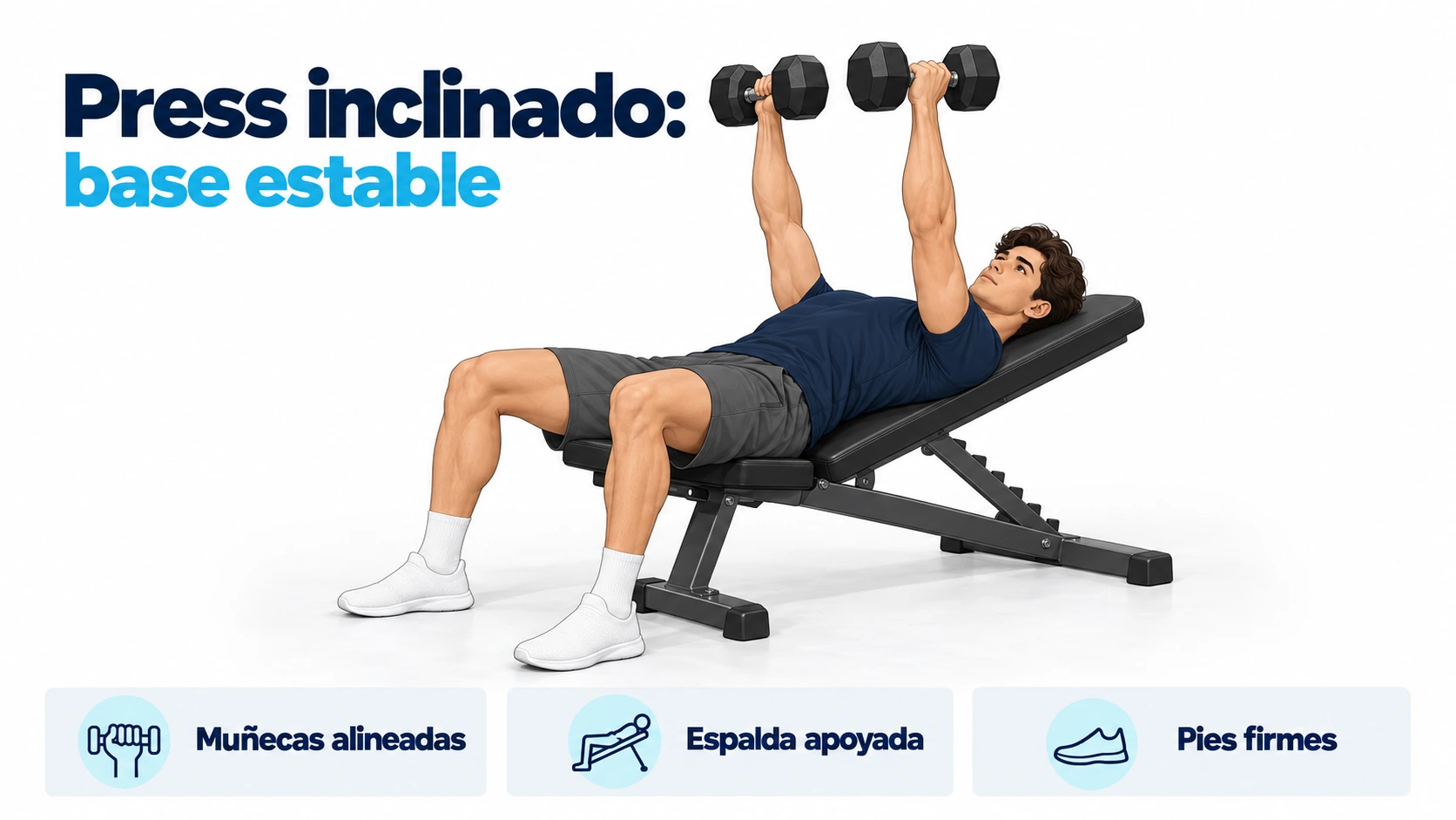 Press inclinado con mancuernas, muñecas sobre codos, espalda apoyada y pies firmes en el suelo.