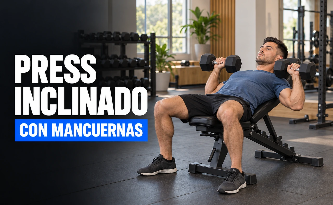 Deportista joven realizando un press inclinado con dos mancuernas, con la espalda apoyada en un banco y los pies en el suelo, junto al titular «Press inclinado con mancuernas».