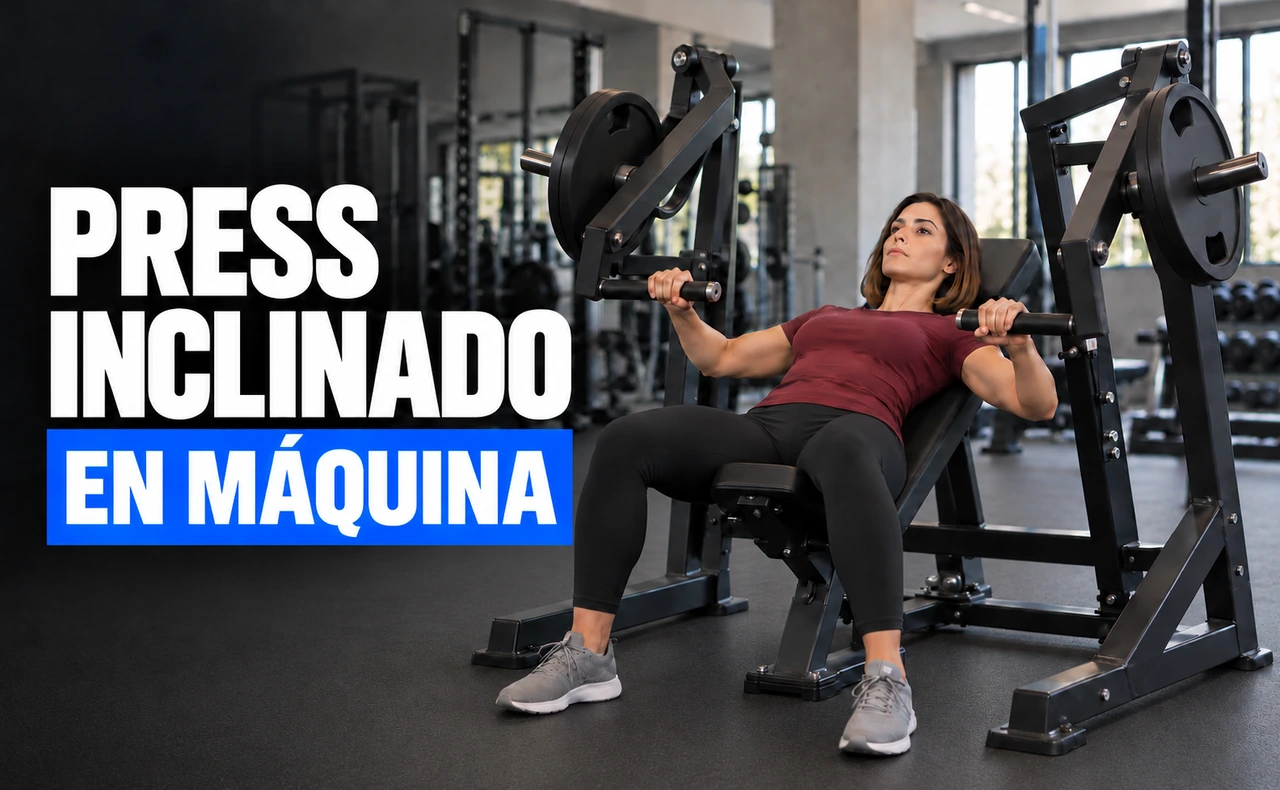Deportista joven realizando un press inclinado en una máquina de palancas con discos, con la espalda apoyada y los pies en el suelo, junto al titular «Press inclinado en máquina».