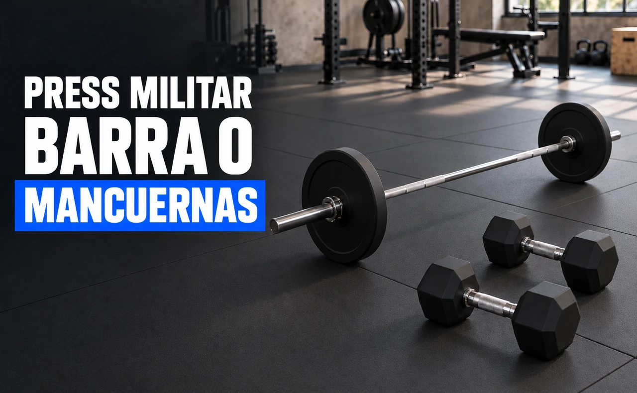 Una barra con discos y un par de mancuernas hexagonales sobre el suelo de un gimnasio, junto al titular «Press militar: barra o mancuernas».