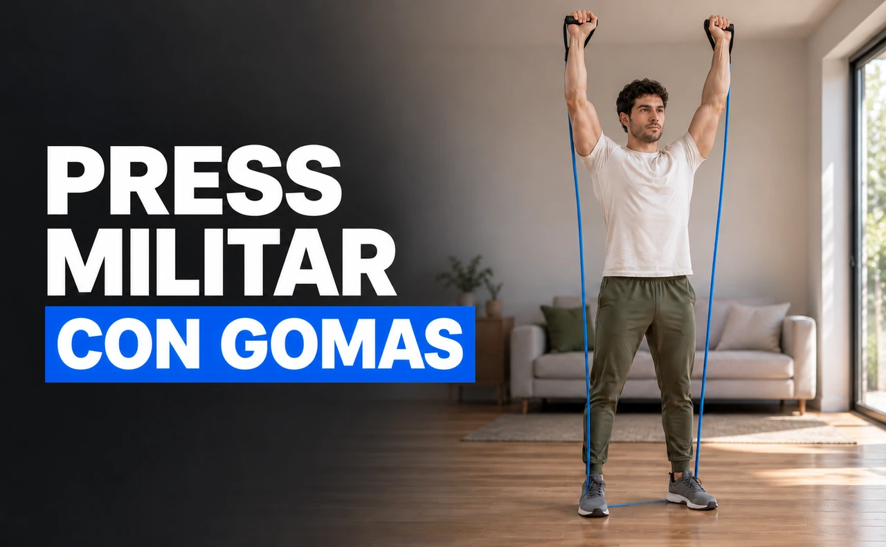 Deportista joven realizando un press de hombros de pie en casa, con una goma elástica anclada bajo ambos pies, junto al titular «Press militar con gomas».