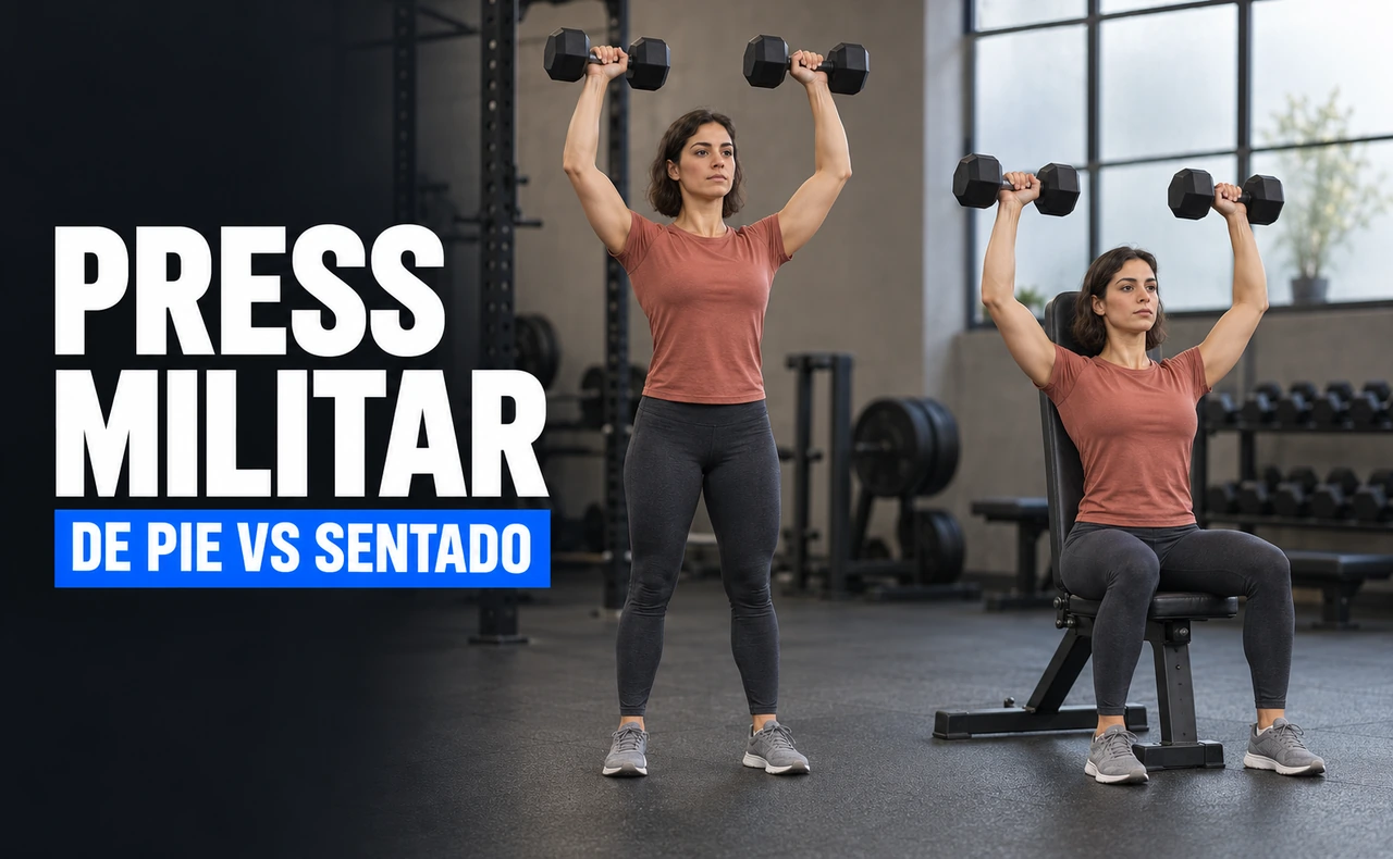 Comparación de una deportista joven realizando el press de hombros con mancuernas de pie y sentada en un banco, junto al titular «Press militar: de pie vs sentado».