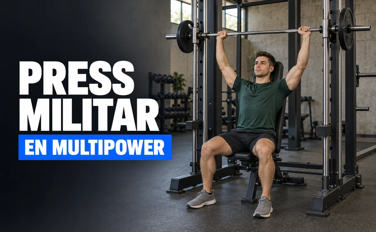 Deportista joven realizando un press de hombros sentado con una barra guiada por los raíles de un multipower, junto al titular «Press militar en multipower».