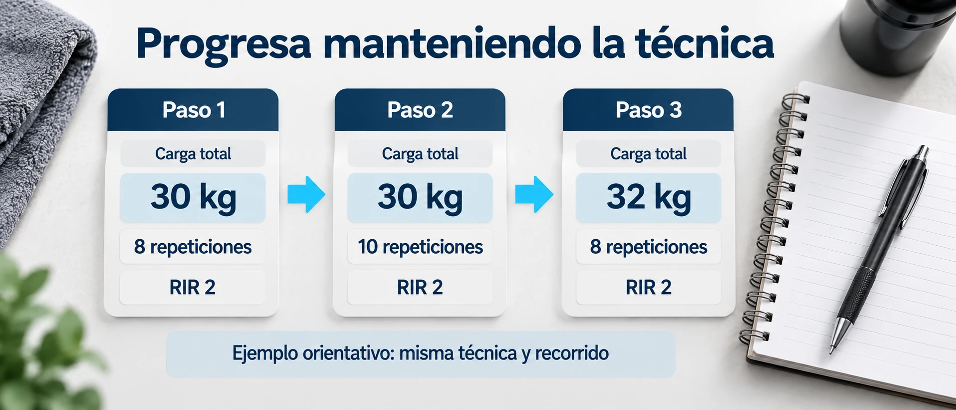 Un ejemplo mantiene el RIR y la técnica mientras aumenta primero las repeticiones y después la carga total.