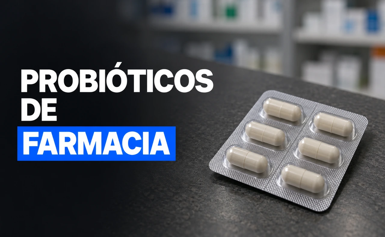 Blíster de cápsulas blancas sobre un mostrador, con estanterías desenfocadas y el titular «Probióticos de farmacia».