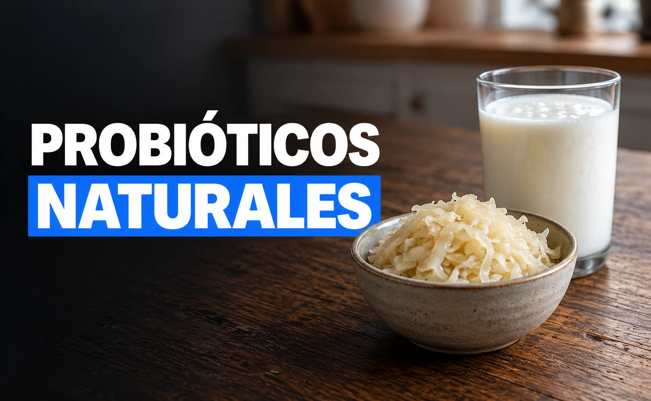 Cuenco de chucrut y vaso de kéfir sobre una mesa de madera, junto al titular «Probióticos naturales».