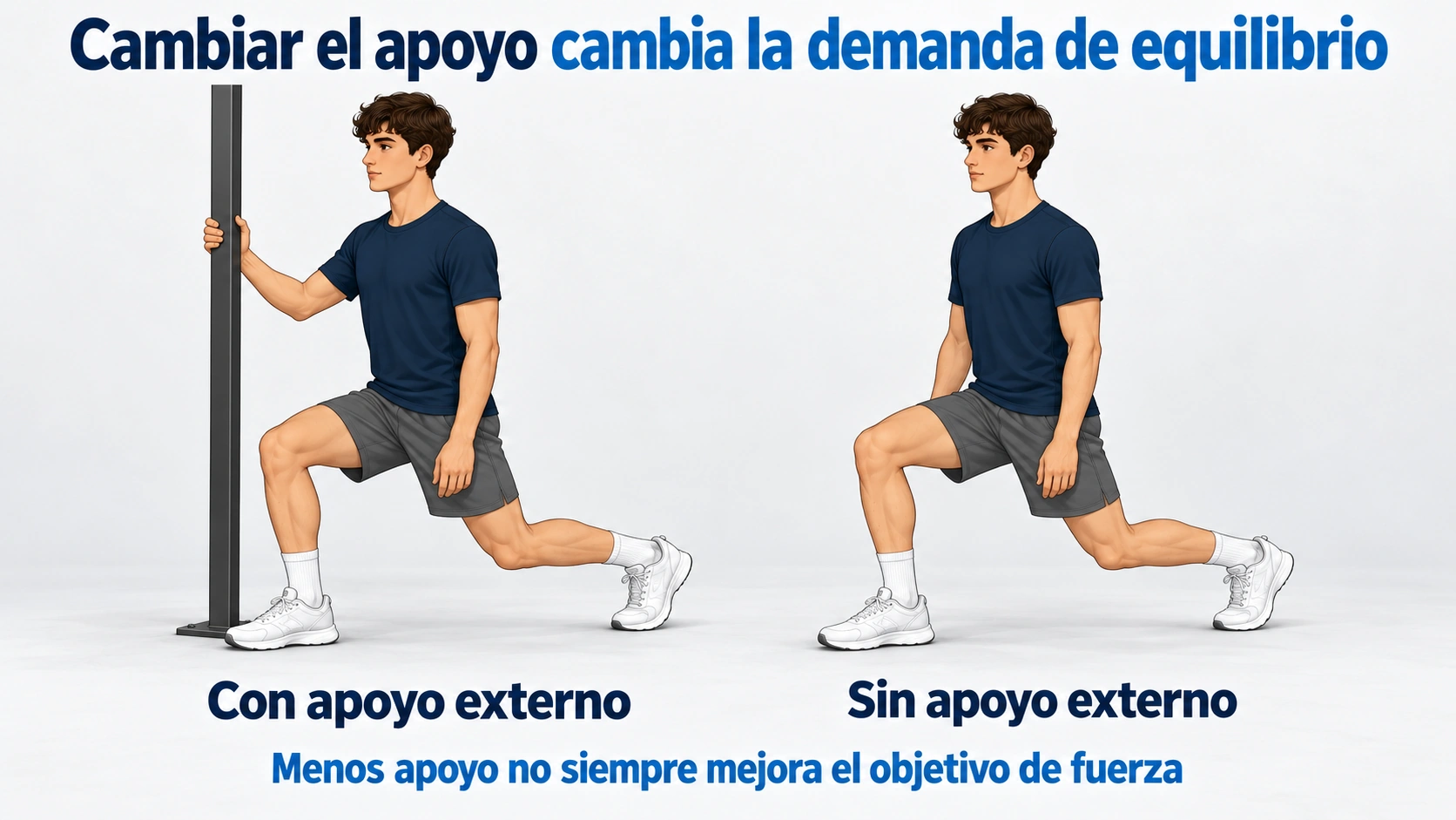 El mismo principiante realiza una sentadilla dividida con apoyo de una mano y sin apoyo externo.