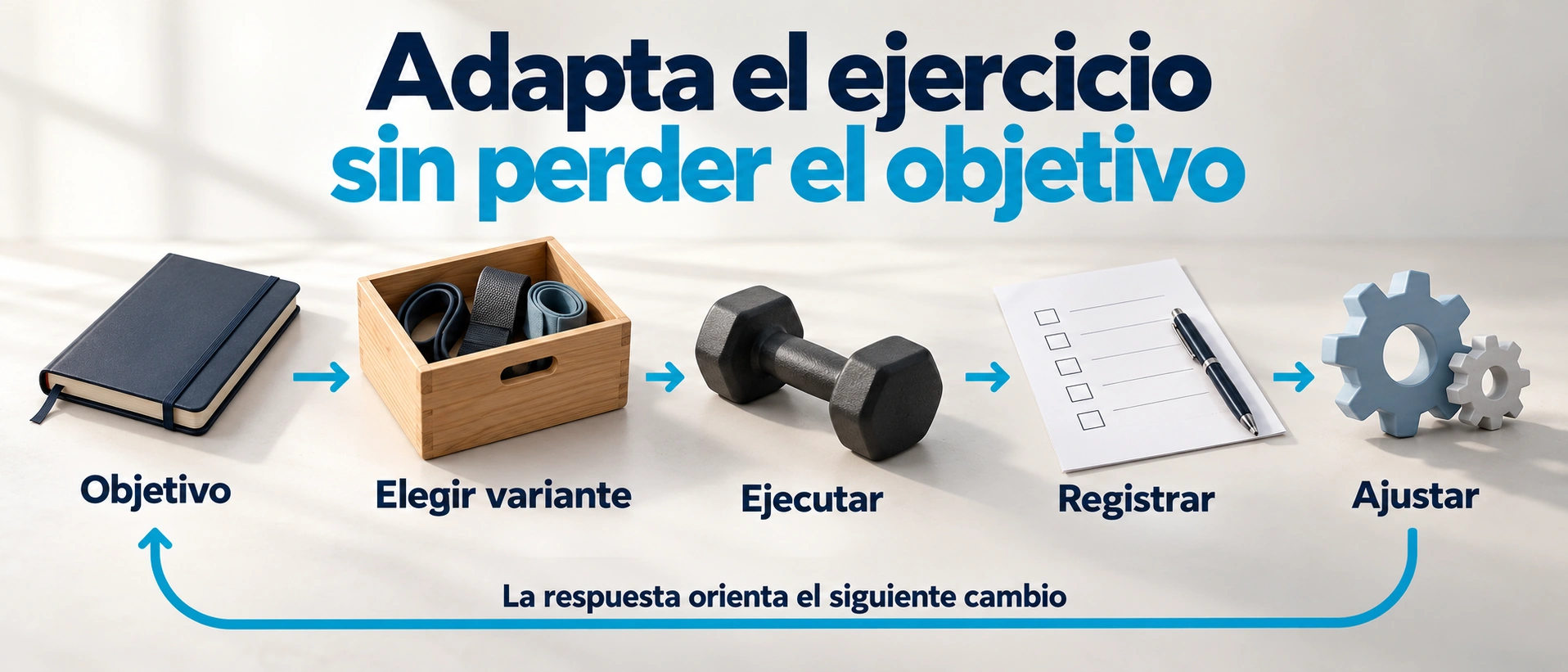 Ciclo para adaptar un ejercicio: definir el objetivo, elegir variante, ejecutar, registrar y ajustar según la respuesta.