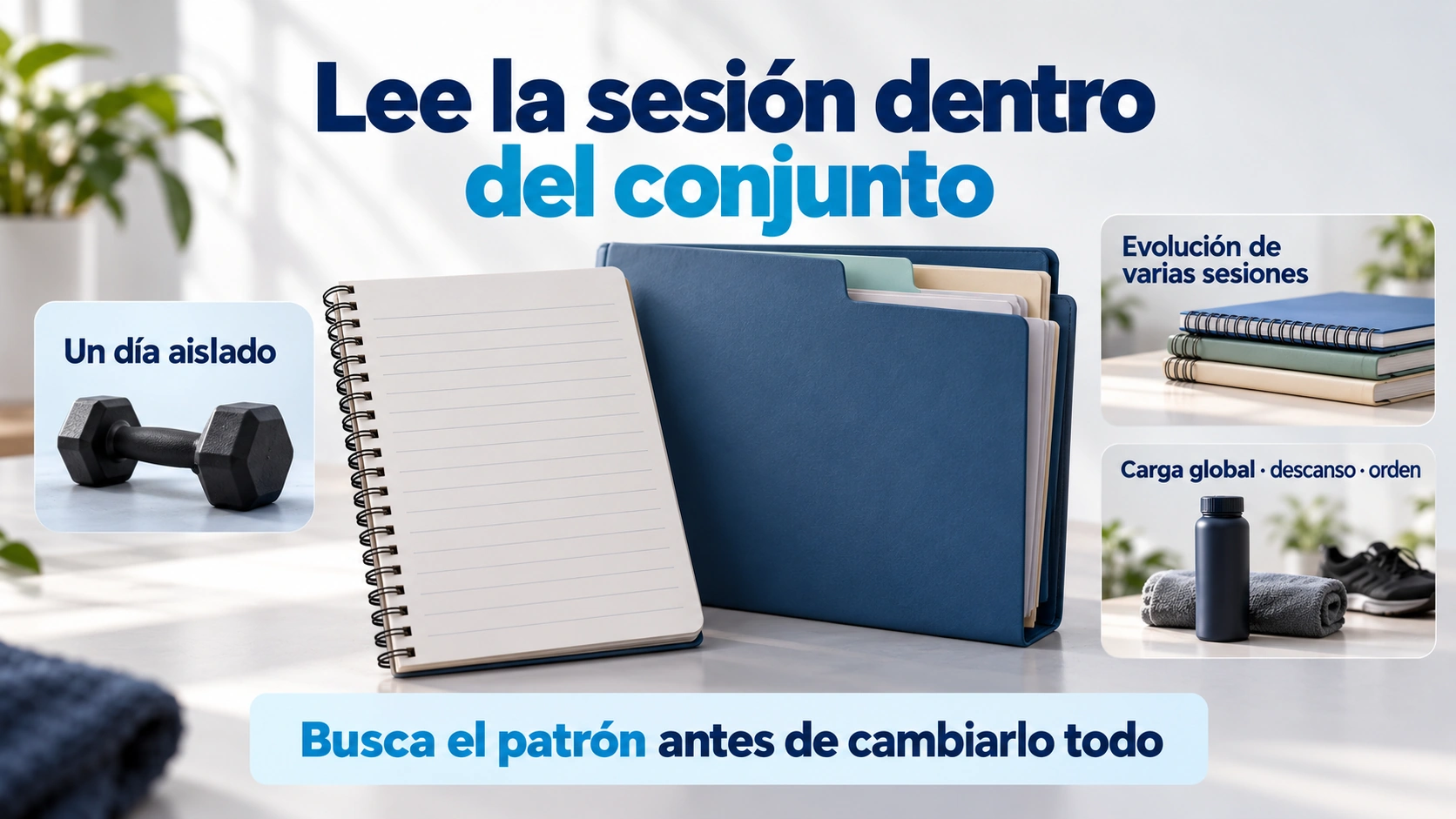 Comparación de una sesión aislada con la evolución de varias sesiones, considerando carga global, descanso y orden.