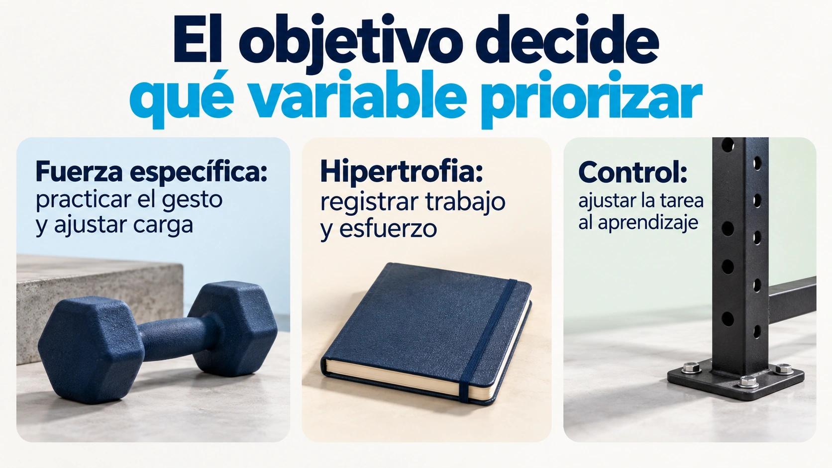 Variables que se priorizan según el objetivo: fuerza específica, hipertrofia o aprendizaje del control.