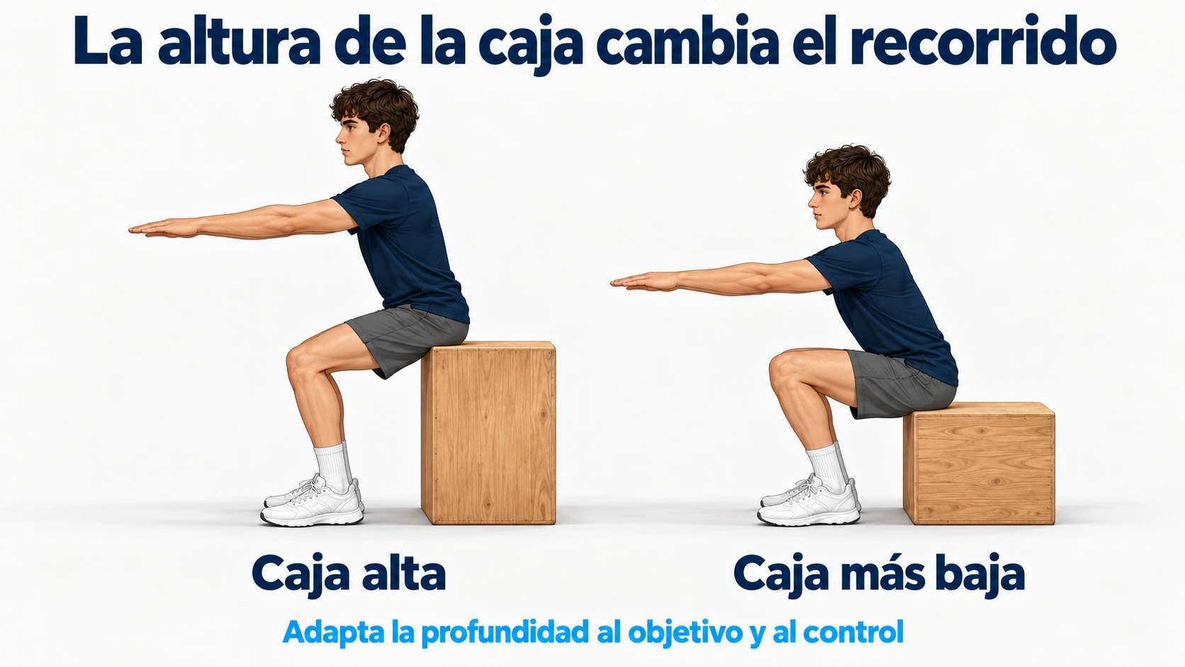 El mismo principiante toca una caja alta con menor profundidad de sentadilla y una caja más baja con mayor flexión.