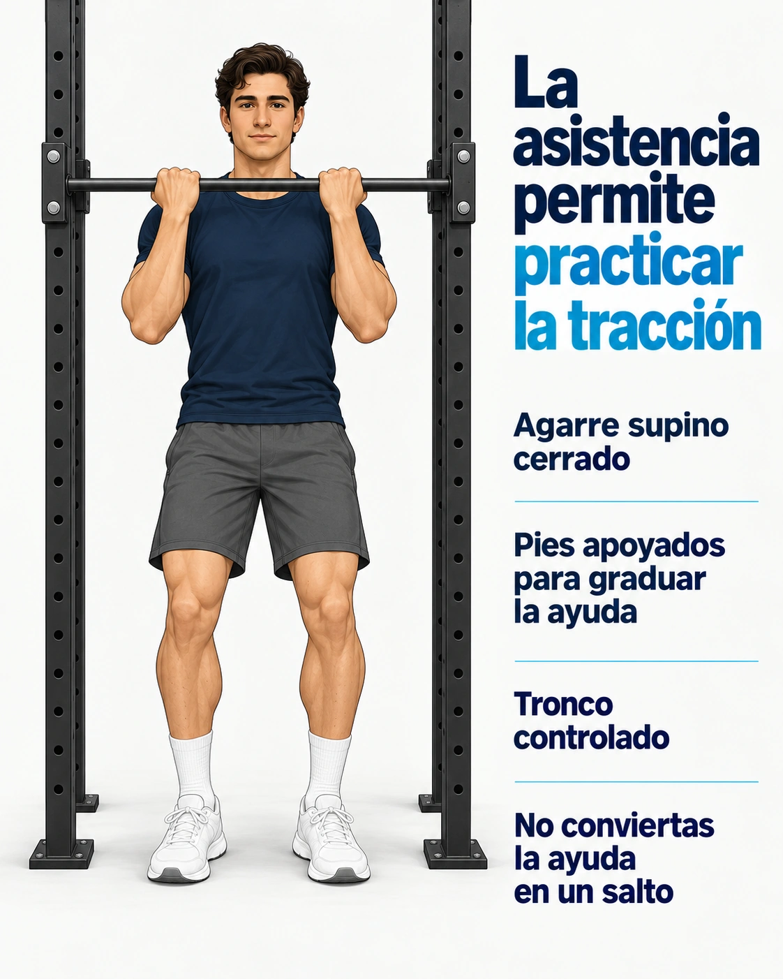 Alumno en una tracción supina asistida por los pies apoyados en el suelo, con barra fija y tronco vertical.