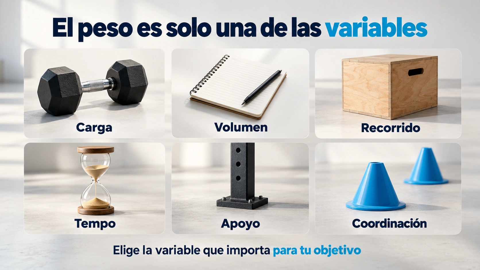Seis variables para adaptar un ejercicio: carga, volumen, recorrido, tempo, apoyo y coordinación.