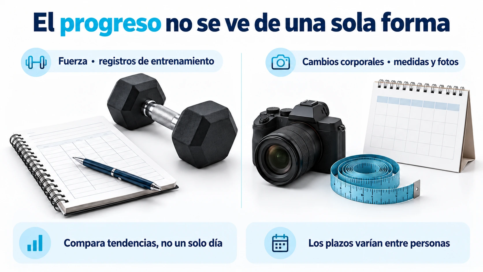 Registro del entrenamiento, medidas y fotos como formas complementarias de evaluar el progreso.