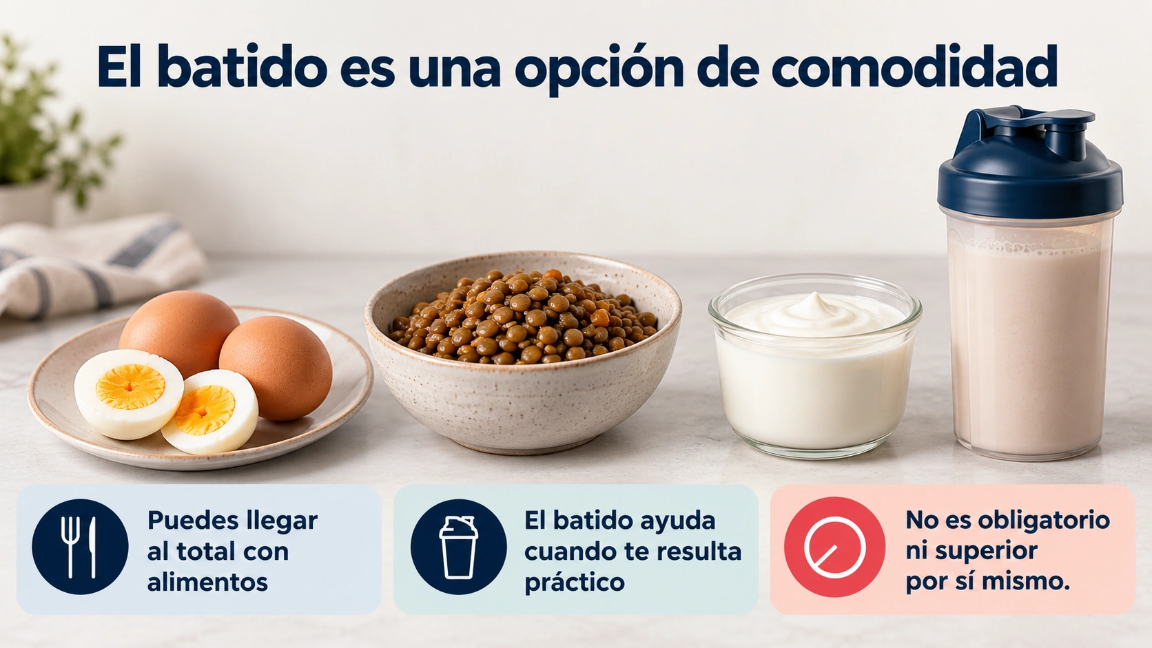 Los batidos son una ayuda opcional para llegar al total de proteína y pueden alternarse con alimentos