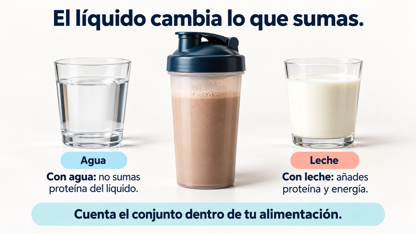 Preparar el batido con leche añade nutrientes y energía mientras que el agua no añade proteína
