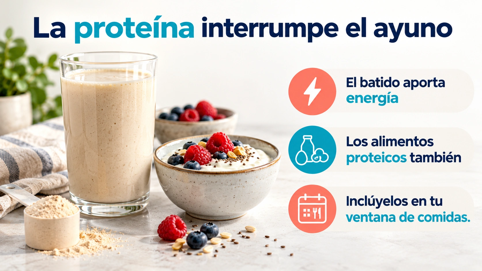 Un batido o alimento proteico aporta energía y cuenta como una ingesta durante el ayuno