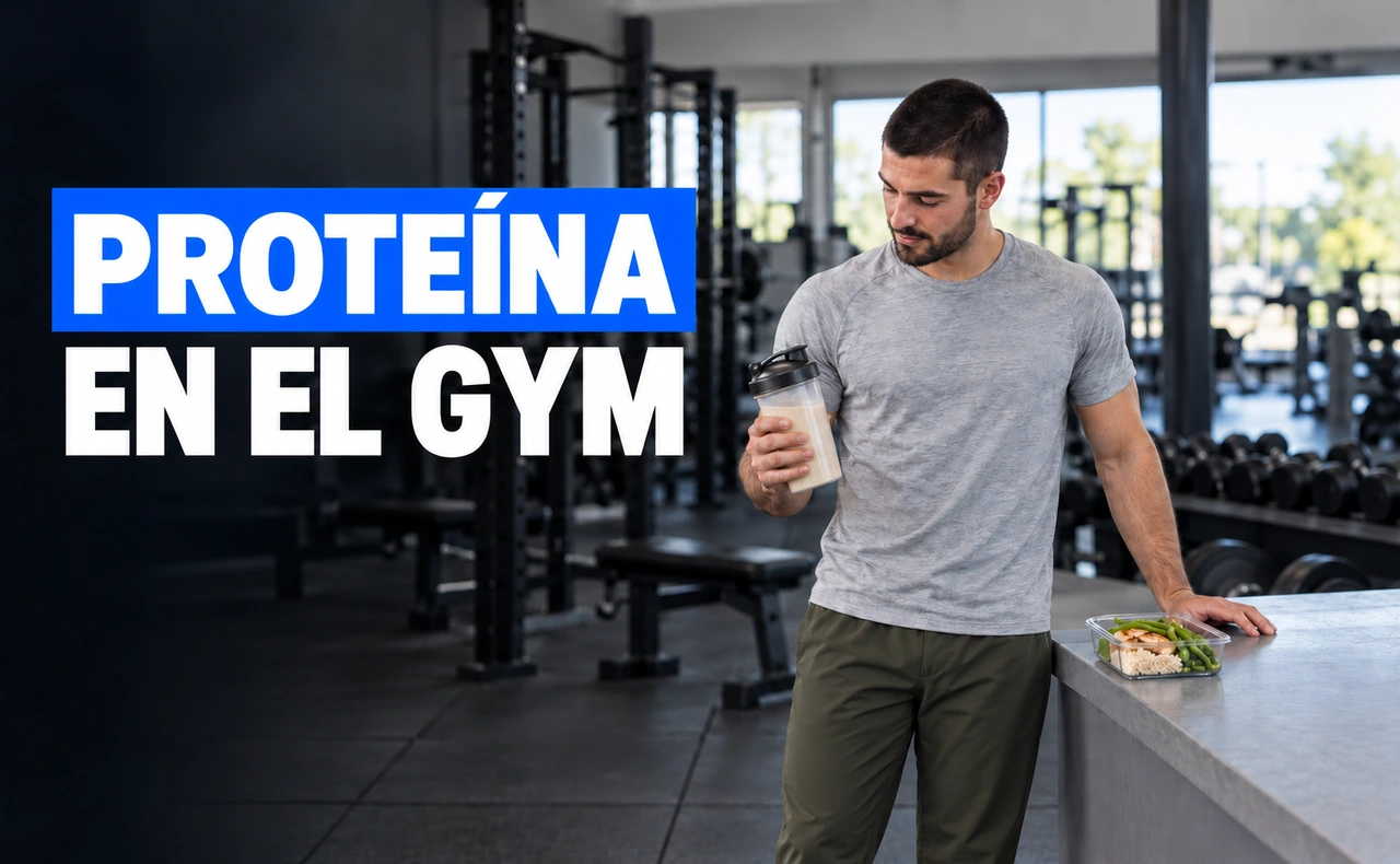Deportista joven sujetando un shaker junto a un recipiente de pollo, arroz y judías verdes en un gimnasio, con el titular «Proteína en el gym».