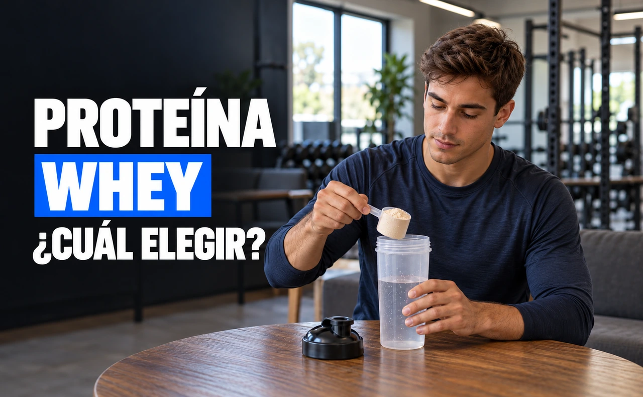 Deportista joven preparando un batido con un cacito de proteína sobre un shaker abierto, con el titular «Proteína whey ¿cuál elegir?».