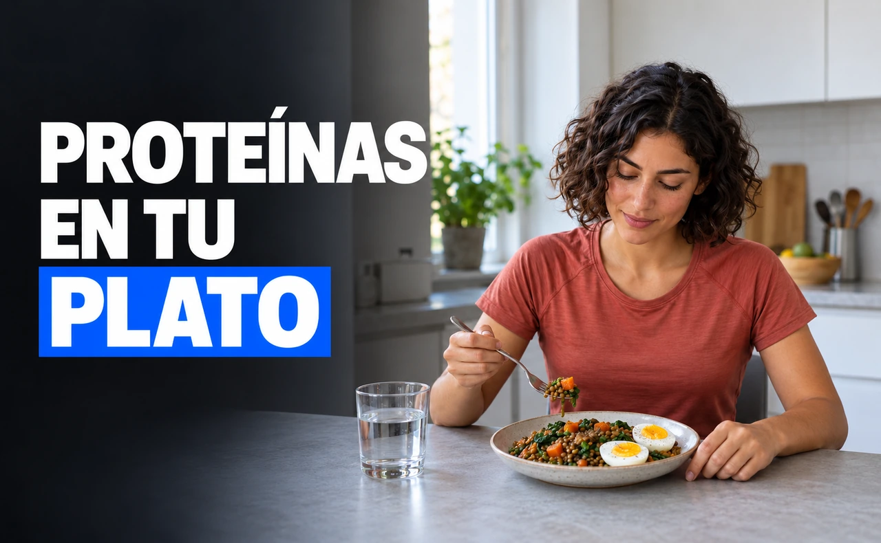 Mujer joven comiendo un plato de lentejas, verduras y huevo cocido en una cocina, con el titular «Proteínas en tu plato».