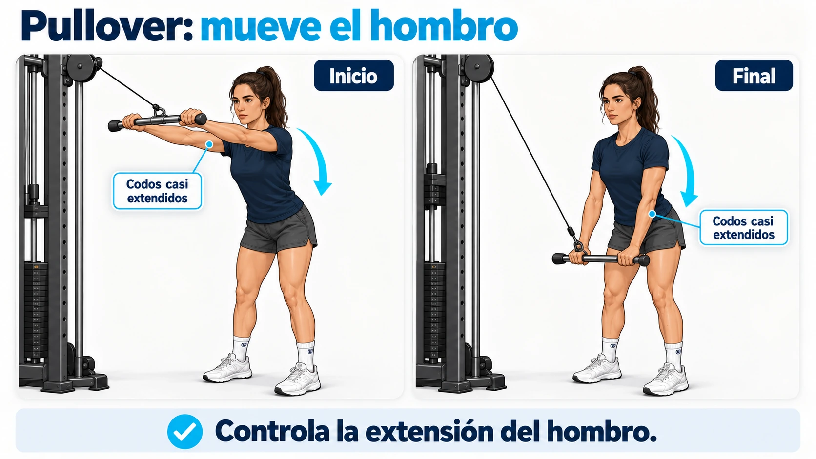 Pullover en polea alta con codos casi extendidos durante la extensión del hombro.