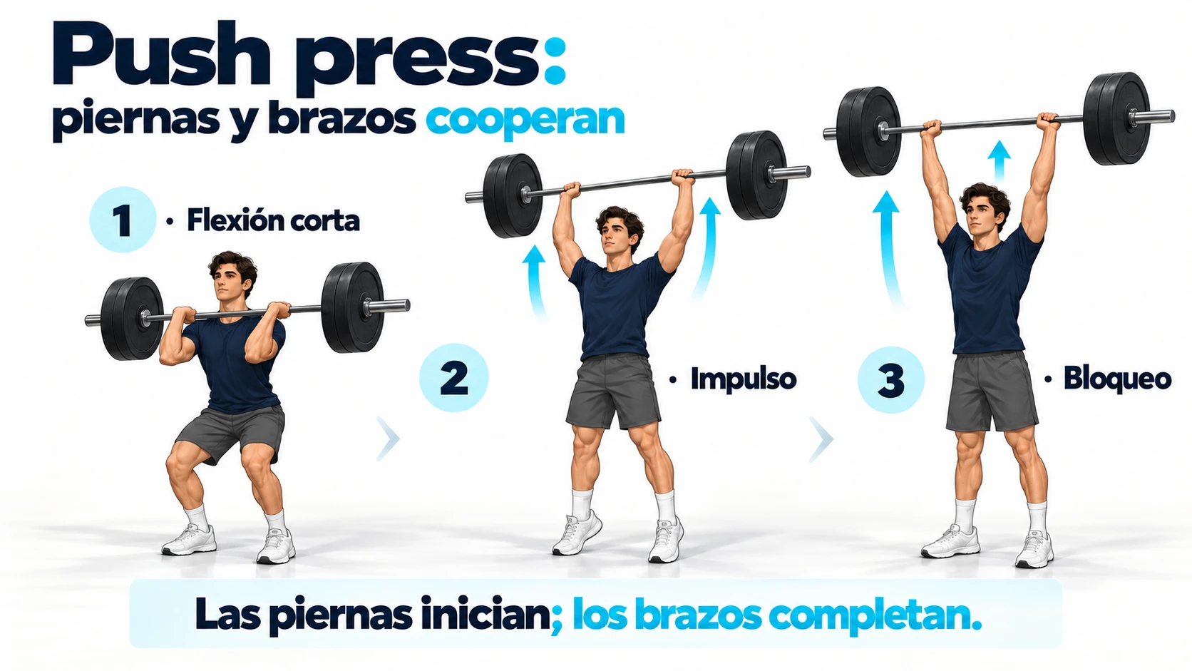 Fases del push press con flexión corta, impulso bilateral y bloqueo de la barra