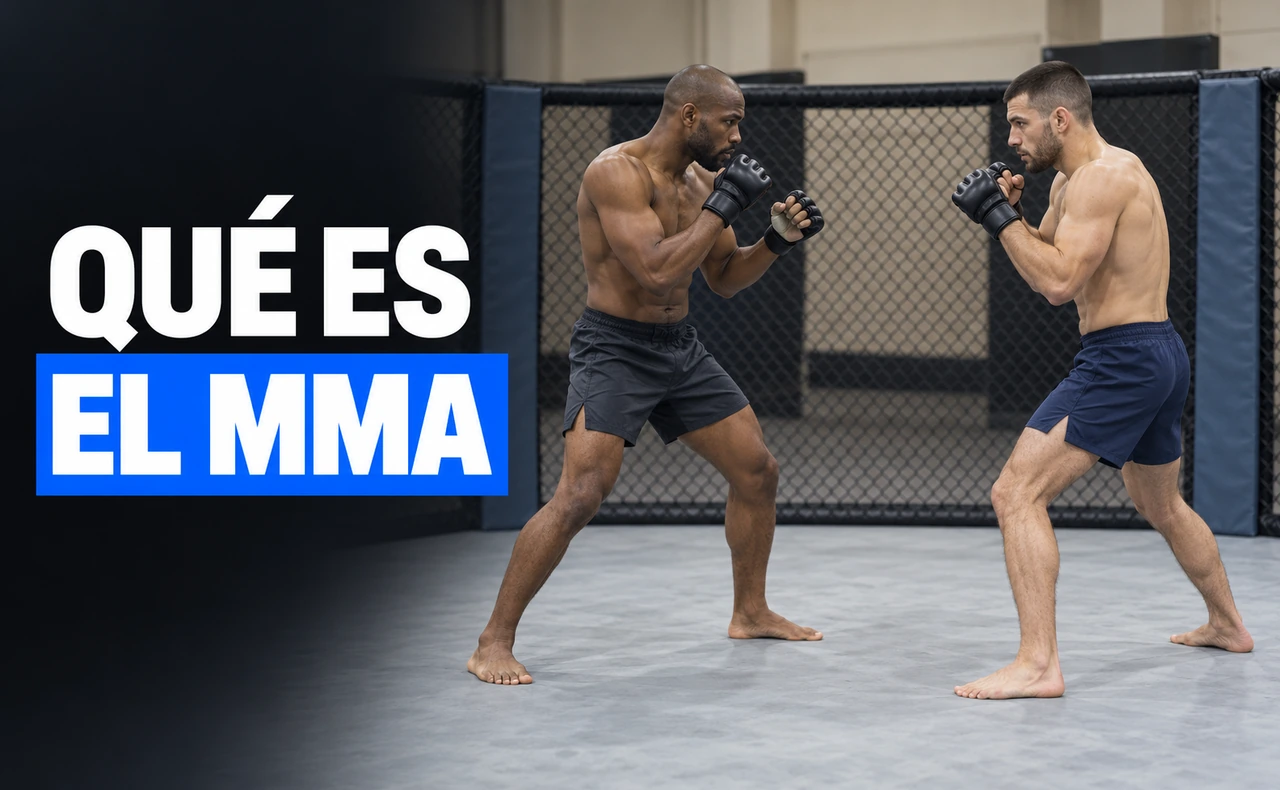 Dos deportistas con guantes de MMA en posición de guardia dentro de una jaula, junto al titular «Qué es el MMA».
