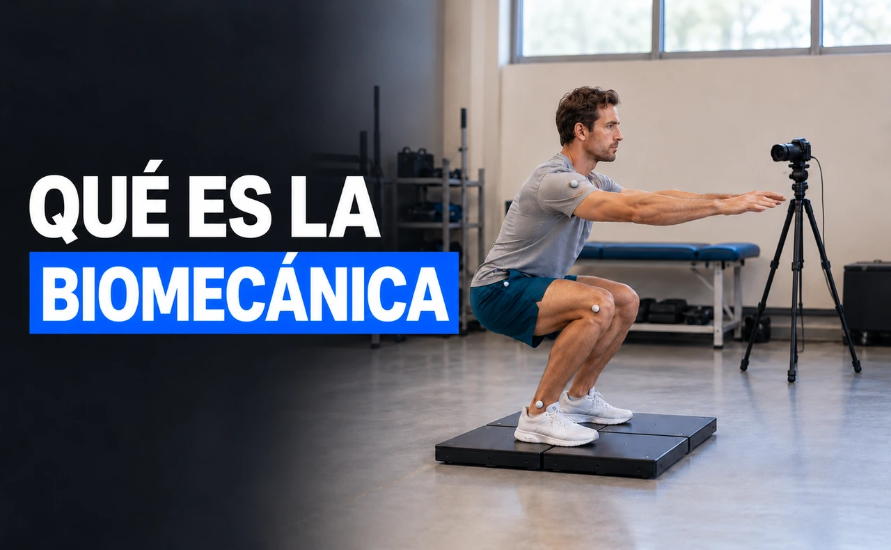 Hombre realizando una sentadilla sobre plataformas, con marcadores físicos y una cámara para analizar el movimiento, junto al titular «Qué es la biomecánica».