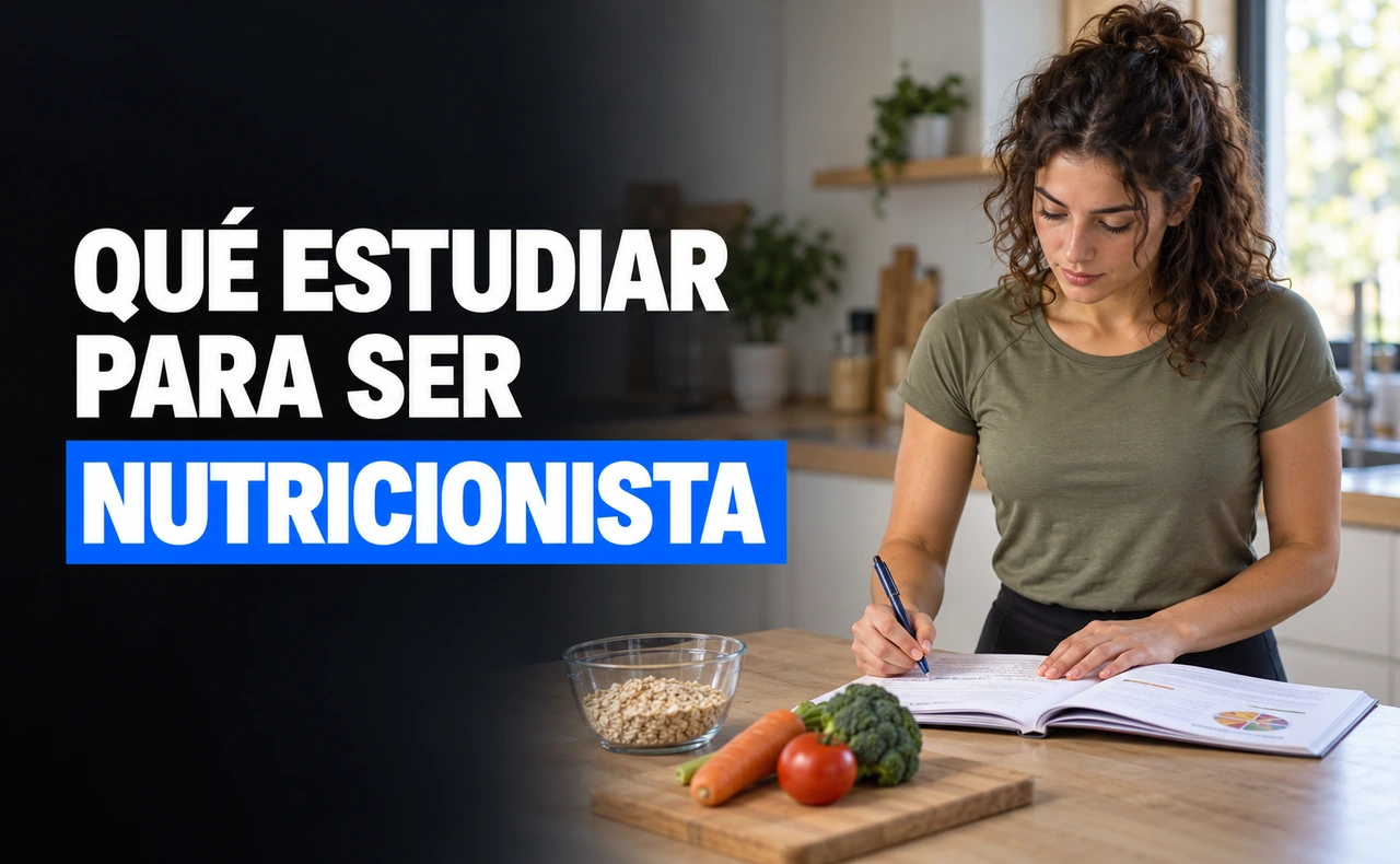 Joven con camiseta verde oliva tomando notas en un libro junto a verduras y un cuenco de avena sobre una encimera. Titular: «Qué estudiar para ser nutricionista».
