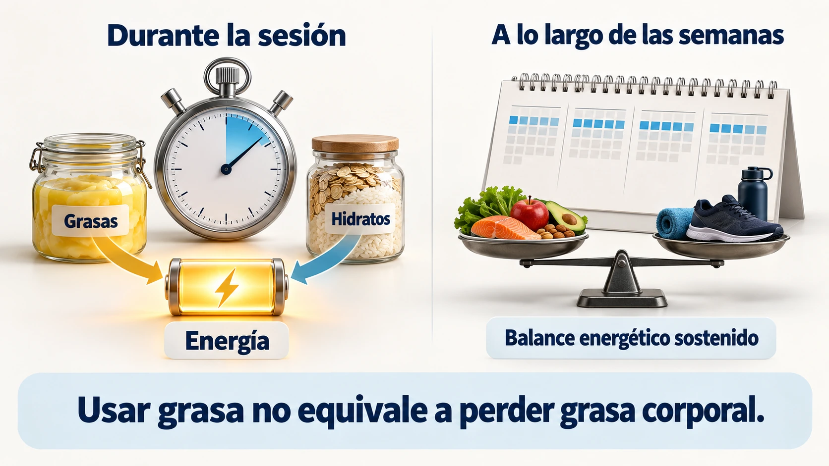 Diferencia entre usar grasas e hidratos durante una sesión y perder grasa corporal mediante el balance energético sostenido.
