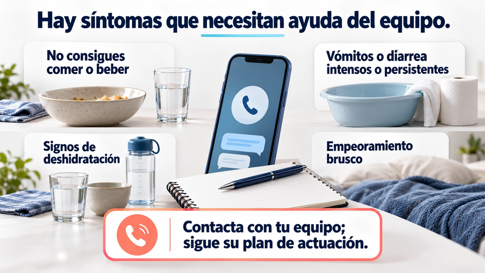 La incapacidad para beber, los síntomas intensos y el deterioro rápido requieren contacto con el equipo oncológico.