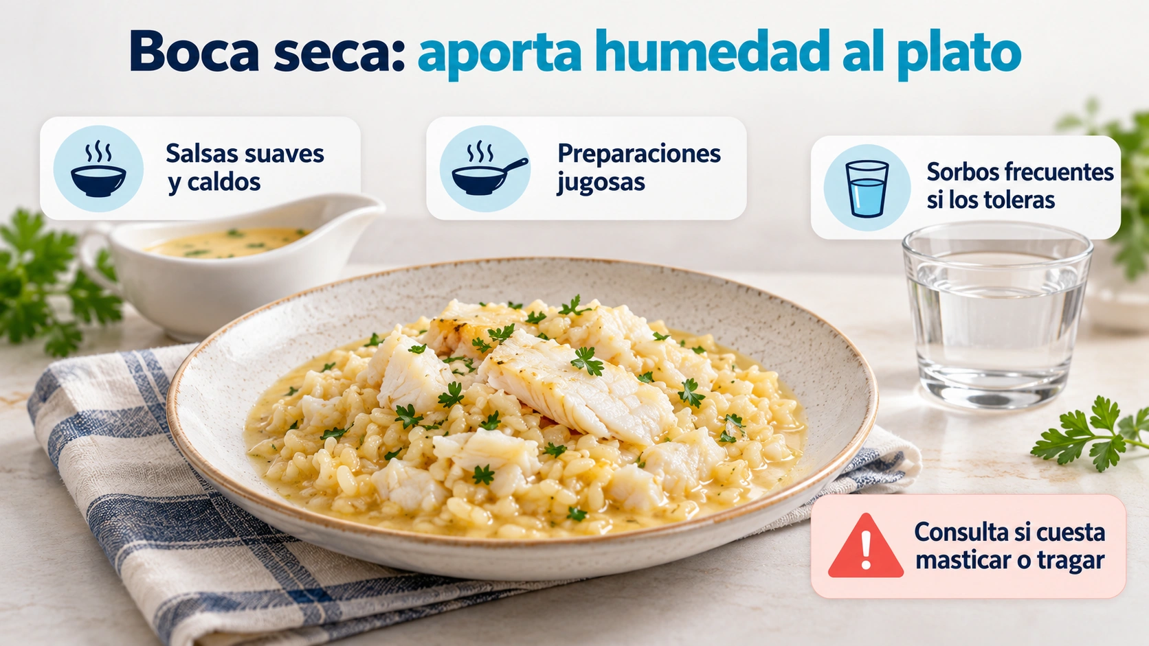 Añadir humedad a la comida y tomar sorbos según tolerancia puede ayudar con la sequedad de boca.