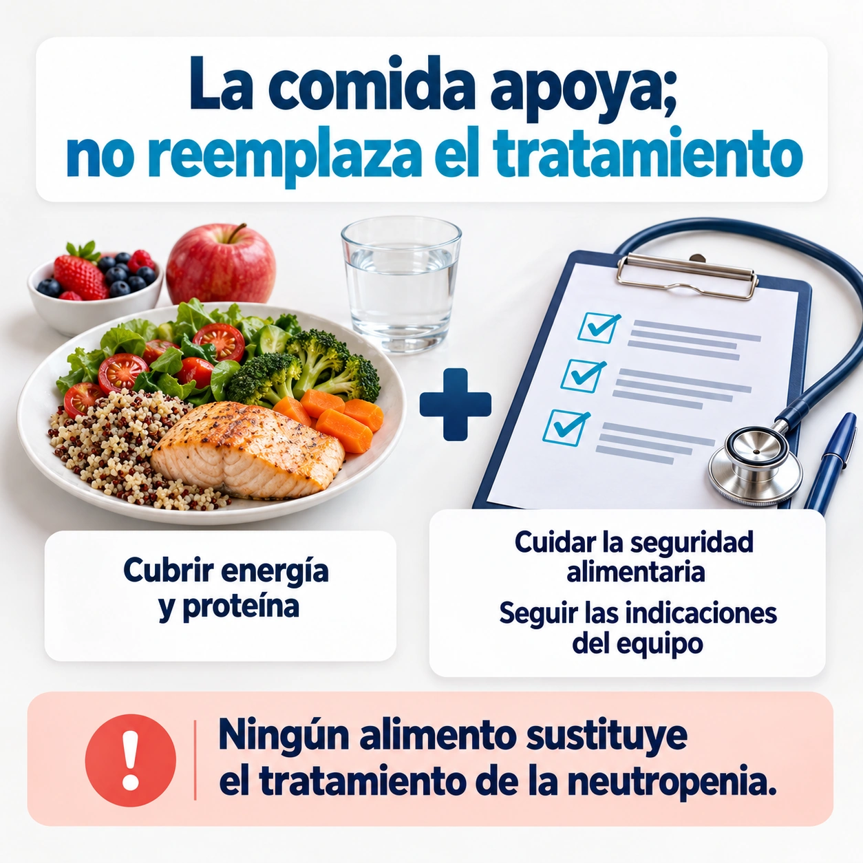 Ningún alimento sustituye el manejo médico de una neutropenia.