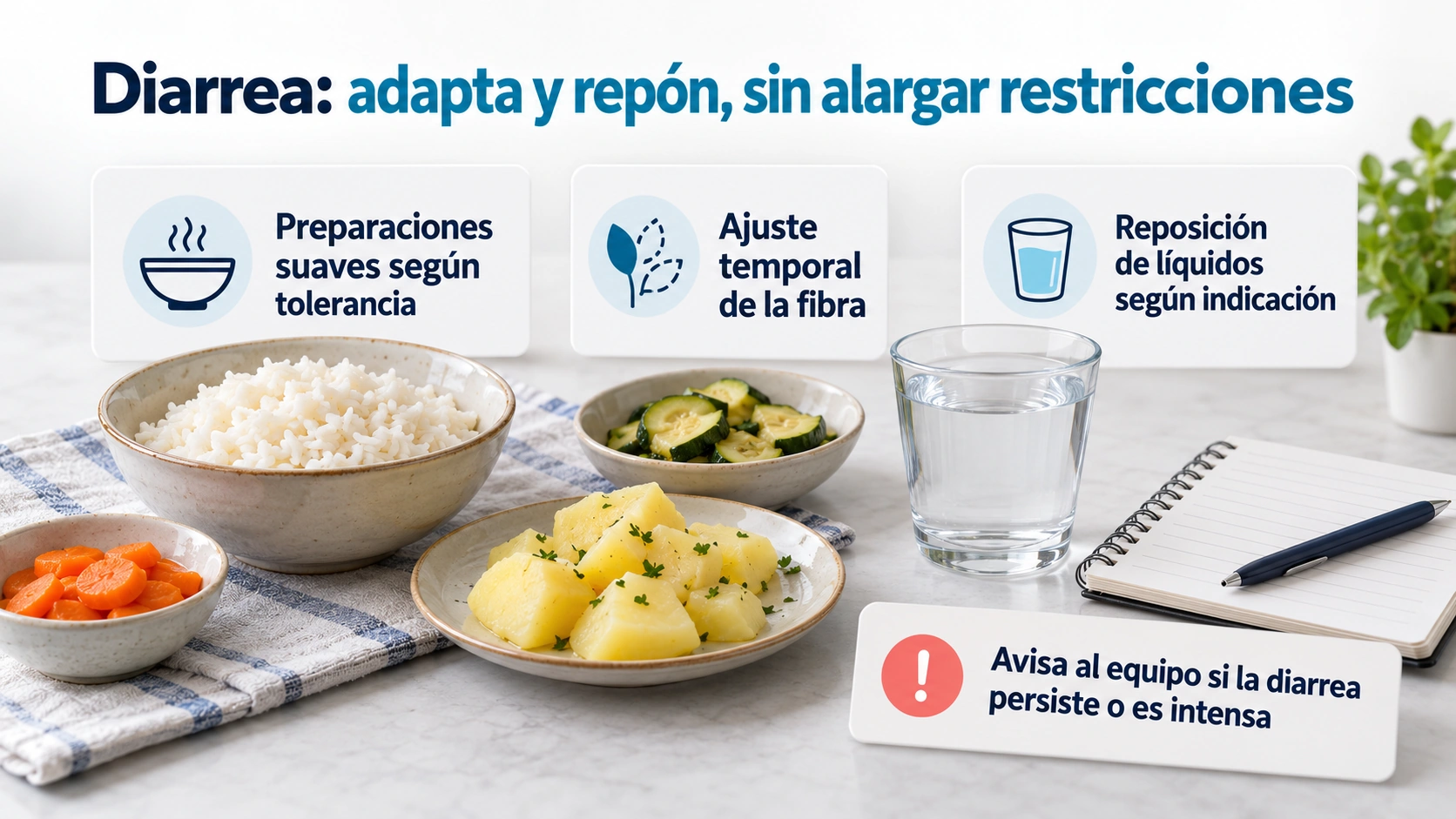 Durante la diarrea puede ser necesario ajustar temporalmente la alimentación y la hidratación con el equipo.