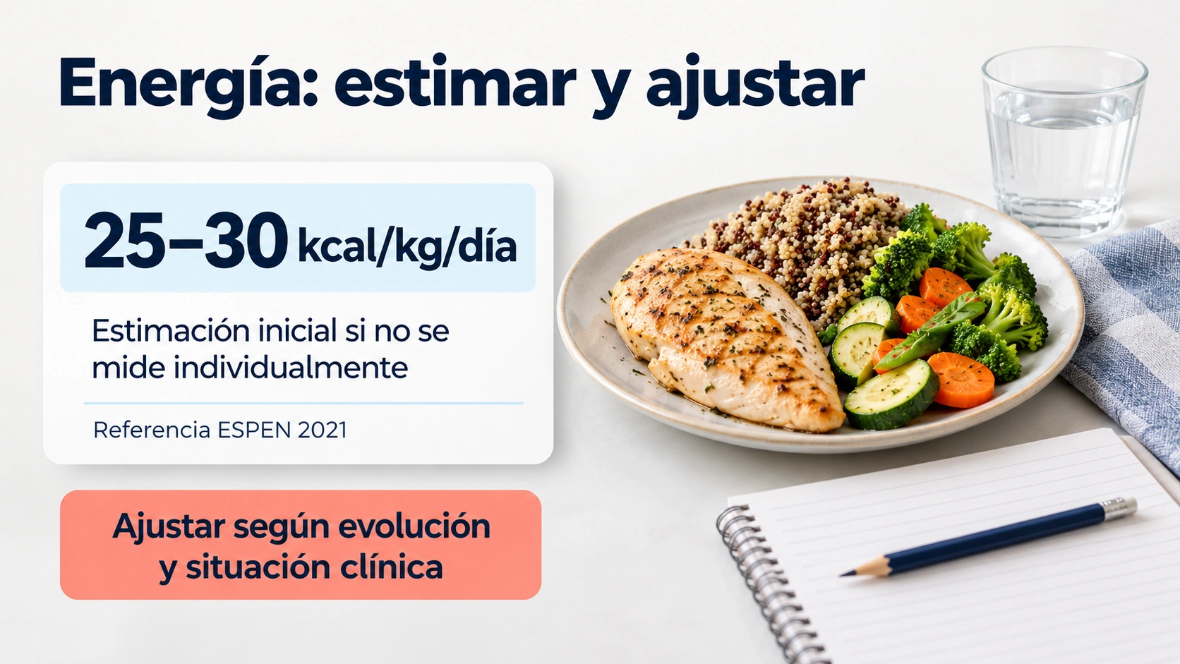 La referencia de 25 a 30 kilocalorías por kilo al día es un punto de partida que necesita ajuste clínico.