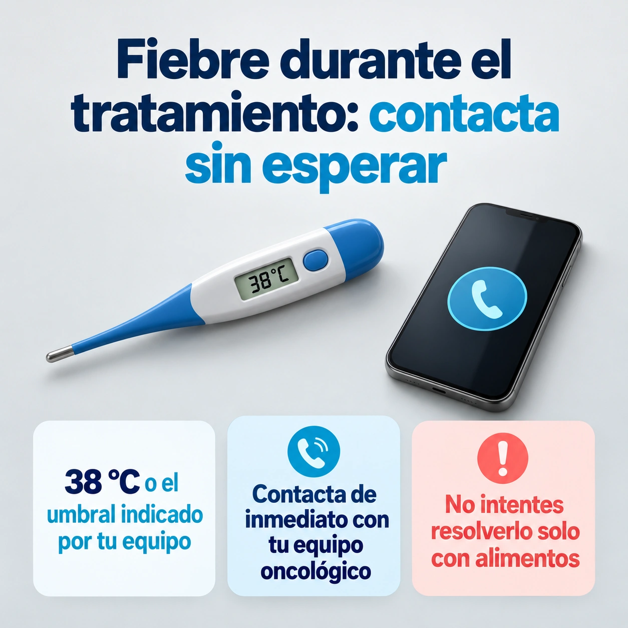 Durante el tratamiento, una fiebre de 38 grados o el umbral indicado por el equipo requiere contacto inmediato.