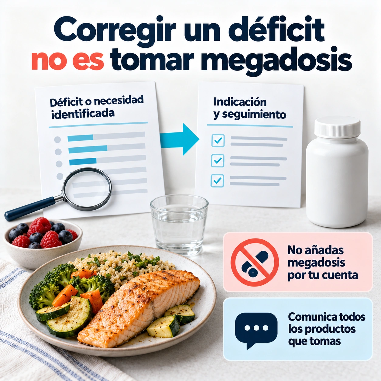 La suplementación de vitaminas y minerales debe responder a una indicación clínica, sin megadosis por cuenta propia.