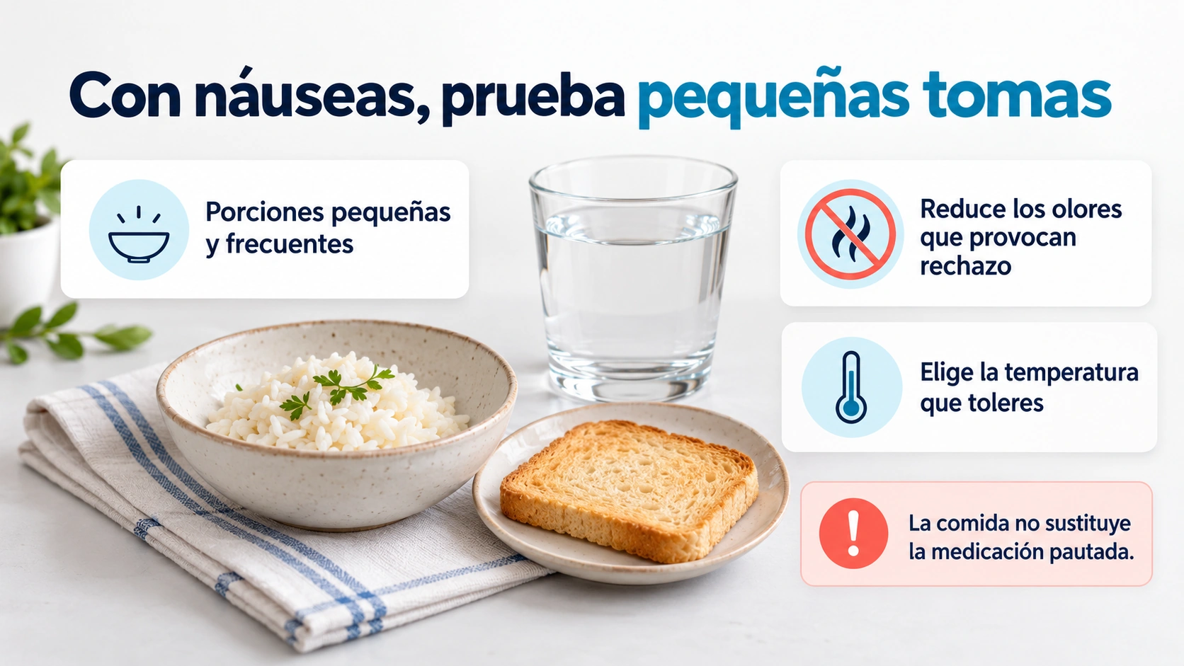 Pequeñas porciones y menos olores pueden facilitar la ingesta, junto al tratamiento indicado para las náuseas.